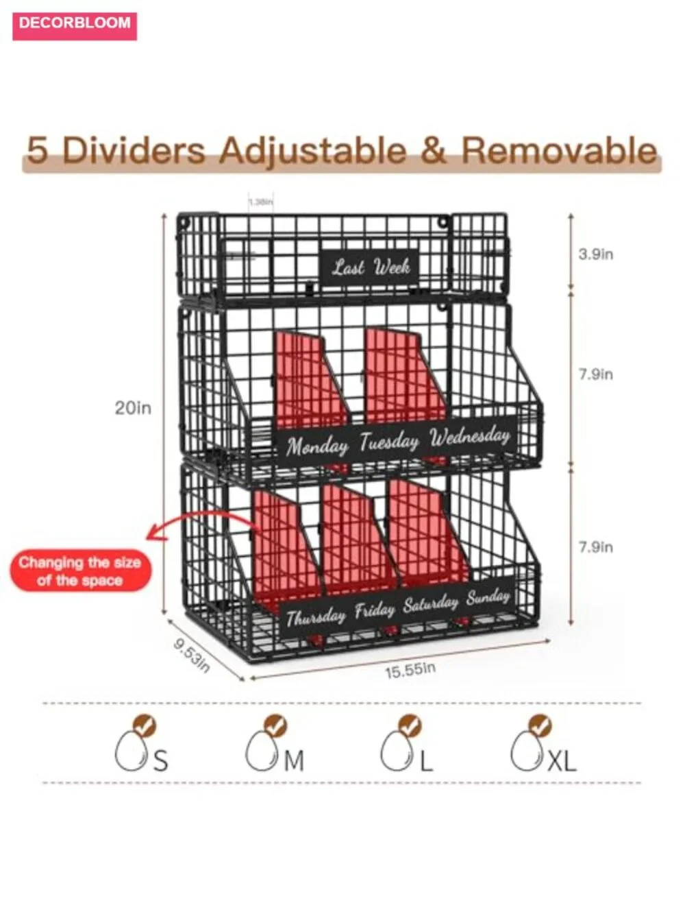 3 Tier Stackable Egg Holder with Dividers & Labels, Wall Mountable Carbon Steel